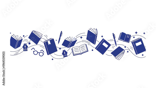 Literary World: A collection of books, pens, and glasses floats freely, representing the immersive world of knowledge, learning, and literature. Explore the beauty of wisdom.