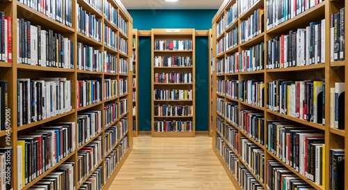 A narrow aisle in a library with tall wooden bookshelves