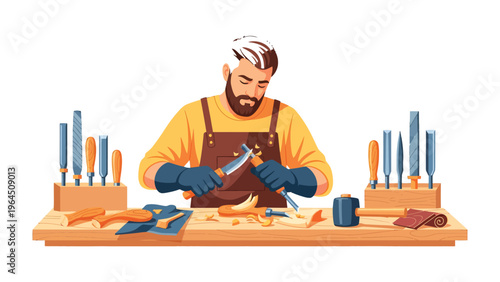 Artisan Crafting: A skilled craftsman, engrossed in his trade, meticulously carves wood, transforming raw material into a work of art. The scene.