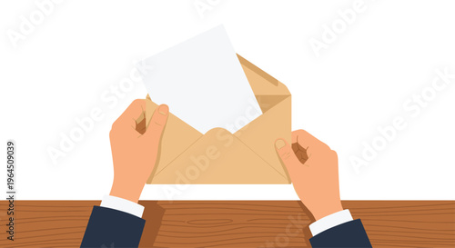 A pair of hands in suit cuffs pulls a blank white paper sheet from a brown kraft paper envelope on a textured wooden desk.