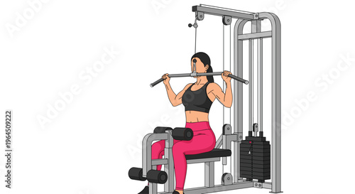 A woman seen from the front performs a lat pulldown exercise on a grey gym machine, pulling the bar towards her chest.