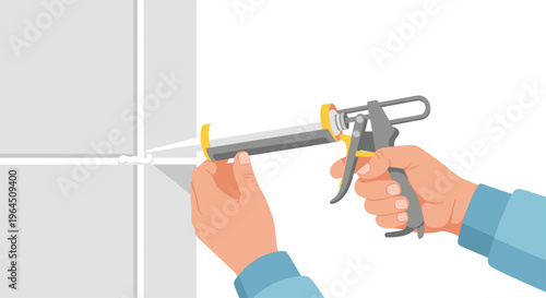 A pair of hands precisely applies white sealant with a yellow and gray caulk gun into the intersecting grout lines of light gray wall tiles.