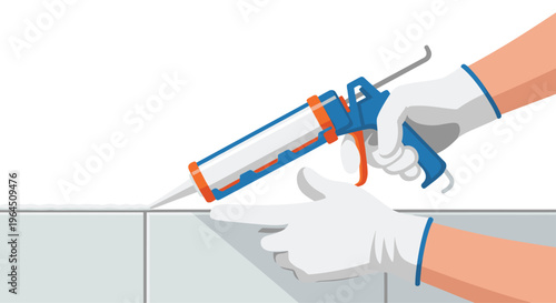 Gloved hands meticulously apply white sealant with a blue and orange caulk gun along a horizontal joint between two light gray surfaces.