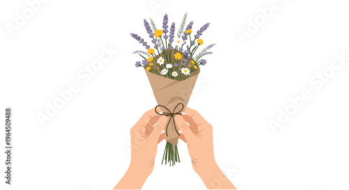 A pair of hands meticulously ties a brown string around a rustic bouquet of lavender, daisies, and yellow flowers wrapped in kraft paper.
