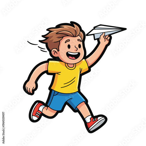 Boy running and throwing paper airplane outdoors playfully