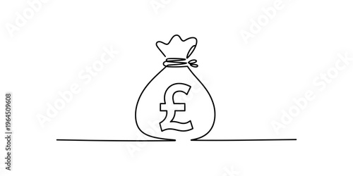 A single continuous line drawing of a money bag featuring the british pound sterling symbol icon. Vector, illustration