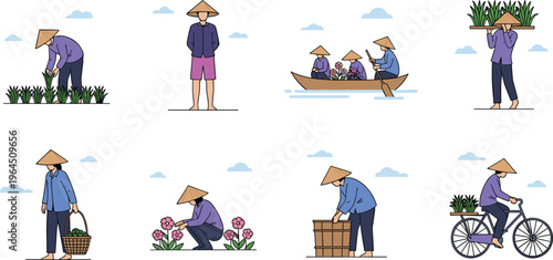 Traditional Asian Farmer Vector Set with Characters Planting Rice, Harvesting Flowers, Rowing Boats, and Riding Bicycles for Agricultural and Cultural Lifestyle Designs
