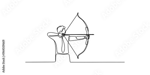 A single line drawing of a businessman in a suit aiming a bow and arrow towards a distant target Vector, illustration