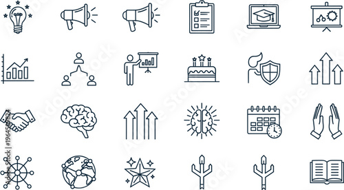 Business strategy and leadership line icon set featuring brainstorming, growth charts, megaphone, global networking, handshake, lightbulb idea, and education symbols.