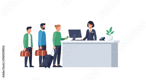 Three male guests with luggage queue at a hotel reception desk, interacting with a female receptionist holding a card.