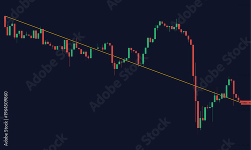 Stock market chart with downward trend line and candlestick pattern on dark background