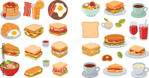 Breakfast and Lunch Food Vector Icon Set Featuring Sandwiches, Pancakes, Eggs, Coffee, Salad, and Croissants for Restaurant Menus and Culinary Graphic Designs
