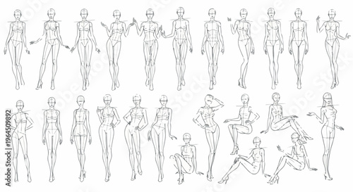 Female fashion croquis template set with various body types and poses