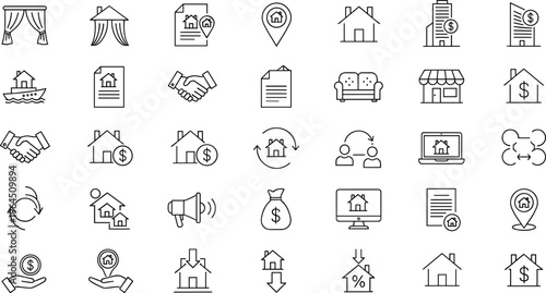 Real estate and property line icon set featuring house sales, mortgage, handshake, building investment, pin location, and home loan symbols.