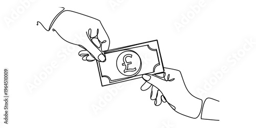 Continuous line drawing of two hands passing a british pound sterling banknote to each other now Vector, illustration