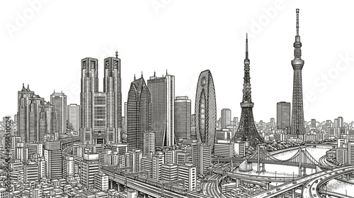 A detailed black and white illustration of a sprawling cityscape featuring numerous skyscrapers, iconic towers, and elevated roadways.