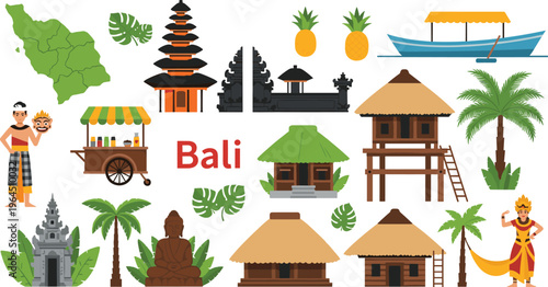 Bali Indonesia Travel Vector Icon Set Featuring Traditional Temples Tropical Huts Buddha Statue Palm Trees Local Dancers and Island Map for Tourism Designs