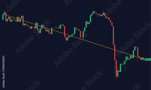 Stock market chart with a downward trend line and candlestick patterns on a dark background showing financial data analysis