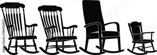 Set of traditional wooden rocking chairs silhouettes for nursery and home decor isolated on white background for furniture icons and design