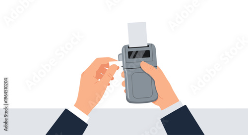 Two human hands are inserting a white paper strip into the top slot of a gray handheld terminal against a clean white background.