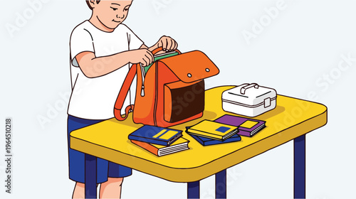 School Boy Packing Backpack with Books and Lunchbox on Yellow Desk Illustration