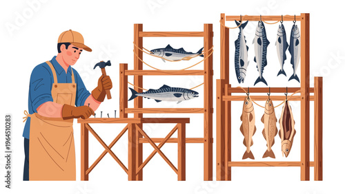 Fisherman Crafting Freshness: An artisan meticulously crafts wooden racks for drying fish, with freshly caught seafood hanging ready for preservation.