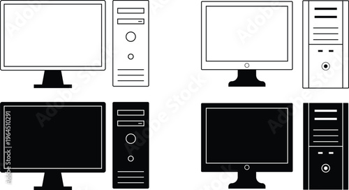 Tableau sur toile PC vevtor silhouette, set of computer LCD and CPU vector illustration isolated on white background