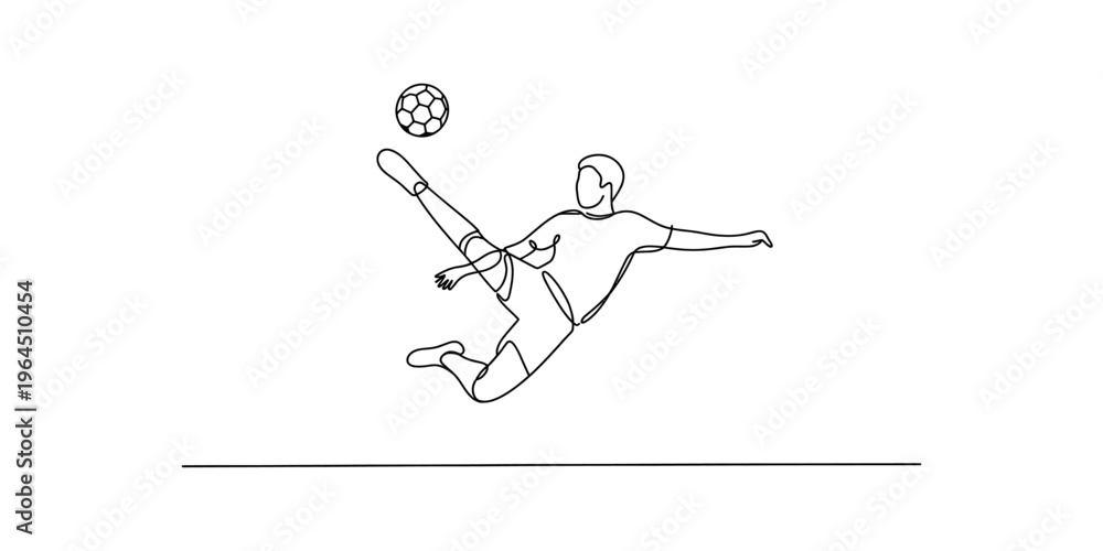 Fototapeta premium A single continuous line drawing of a soccer player performing a dynamic bicycle kick on the field Vector, illustration
