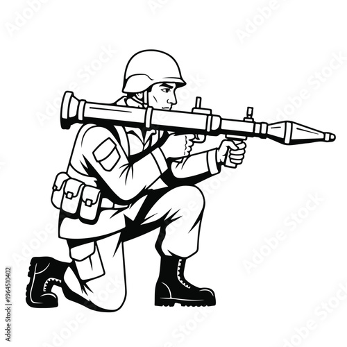 Soldier in combat stance holding missile launcher on white background