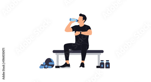 A fit man in black athletic wear is seated on an exercise bench, drinking water from a blue bottle after a workout.