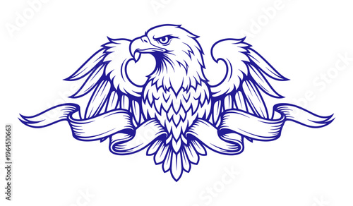 Bald eagle with outstretched wings holding banners silhouette