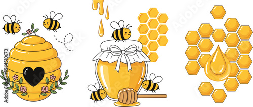 Cute Cartoon Honeybee and Honey Set Featuring Kawaii Bees Sunflower Beehive with Heart Honeycomb and Glass Jar for Kids and Organic Product Designs