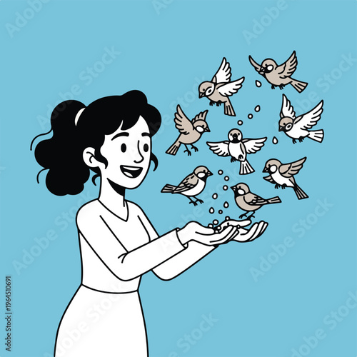 Woman feeding birds from her hands in a serene moment of connection with nature