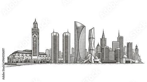 A detailed black and white sketch of a modern city skyline featuring diverse architectural styles, including skyscrapers and a prominent mosque.