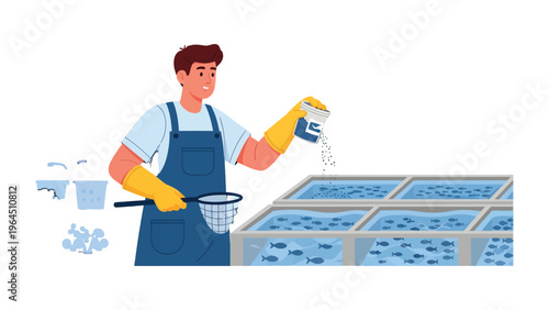 Aqua Cultivator at Work: An aqua cultivator in protective gear, tends to a lively aquaculture environment, sprinkling feed for aquatic inhabitants and demonstrating a commitment to aquatic life care.