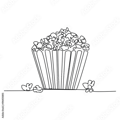 Continuous one line art of fresh salty pop corn with stripped pattern paper bucket vector graphic illustration. 