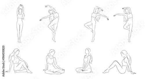 Set of 8 Female Figure Line Art Illustrations for Dance and Yoga Poses