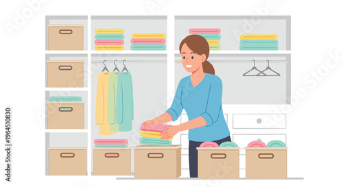 A smiling woman is diligently organizing neatly folded stacks of colorful clothes into brown storage boxes and onto shelves within a white closet.