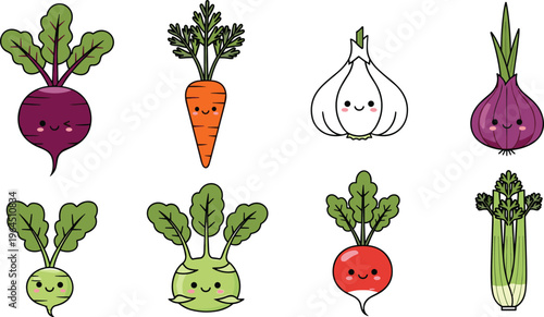 Cute Kawaii Vegetable Vector Icon Set Featuring Beetroot, Carrot, Garlic, Onion, Radish, and Celery with Happy Faces for Kids' Nutrition and Healthy Eating Designs