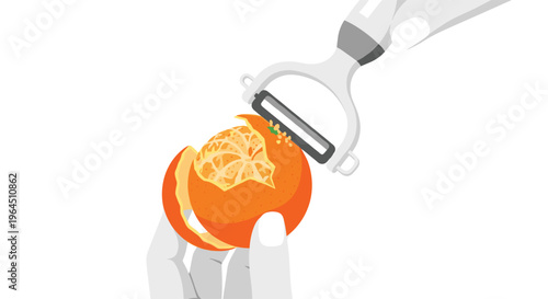 Two hands are skillfully peeling the zest from a vibrant orange tangerine using a silver vegetable peeler against a white background.