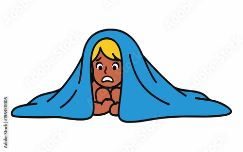 Scared Little Girl Hiding Under a Blue Blanket Illustration