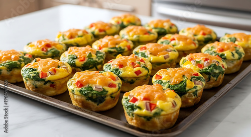 Muffin tin frittatas with vegetables on a baking sheet