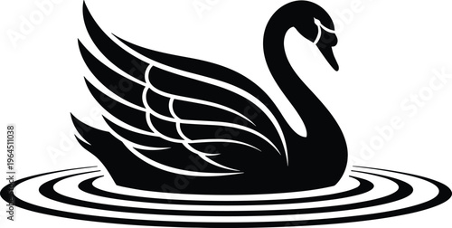Detailed black swan silhouette floating on water with ripples featuring graceful neck and elegant wings isolated on white background for luxury nature design