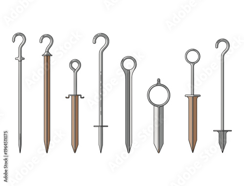 Set of assorted tent stakes and pegs with hooks and loops