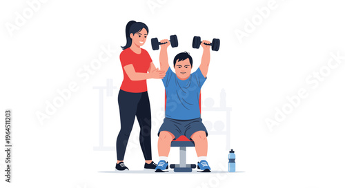A female fitness trainer is actively assisting an overweight man as he performs a dumbbell press exercise on a weight bench in a well-lit gym.