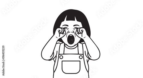 Little Girl in Overalls Crying Loudly and Rubbing Her Eyes Illustration