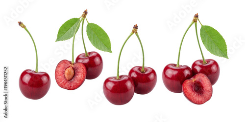 Fresh Ripe Red Cherries with Stems and Green Leaves
