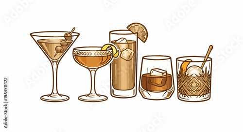 Elegant Vintage Golden Cocktail Glass Set Illustration - Martini Coupe Highball Rocks and Old Fashioned Whiskey Cocktail with Olive Lemon Garnish Bar Drink Collection Vector Art