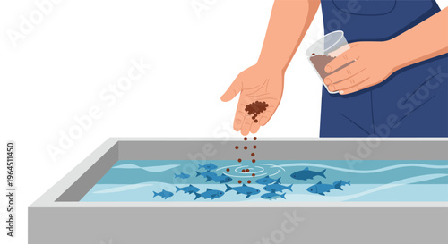A person's hand is carefully sprinkling dark pellet food from a clear cup into a rectangular tank containing numerous blue fish swimming in light blue water.