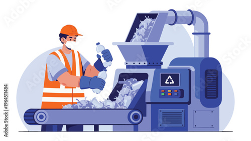 Sorting and Recycling: A dedicated worker sorts plastic bottles in a recycling plant, highlighting the important process of recycling waste. 
